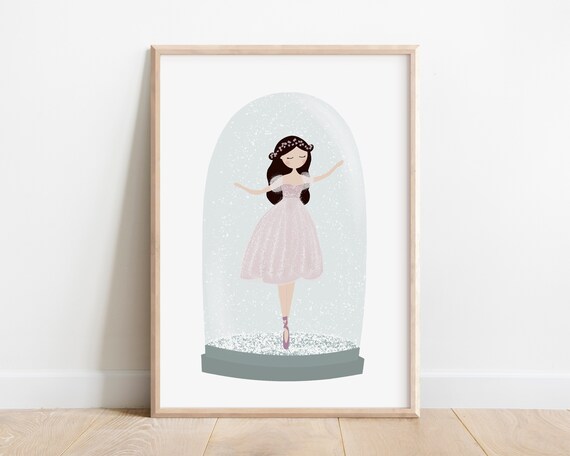 Ballerina Snow Globe Pink Tutu Dancer Sparkling Winter Illustration Print