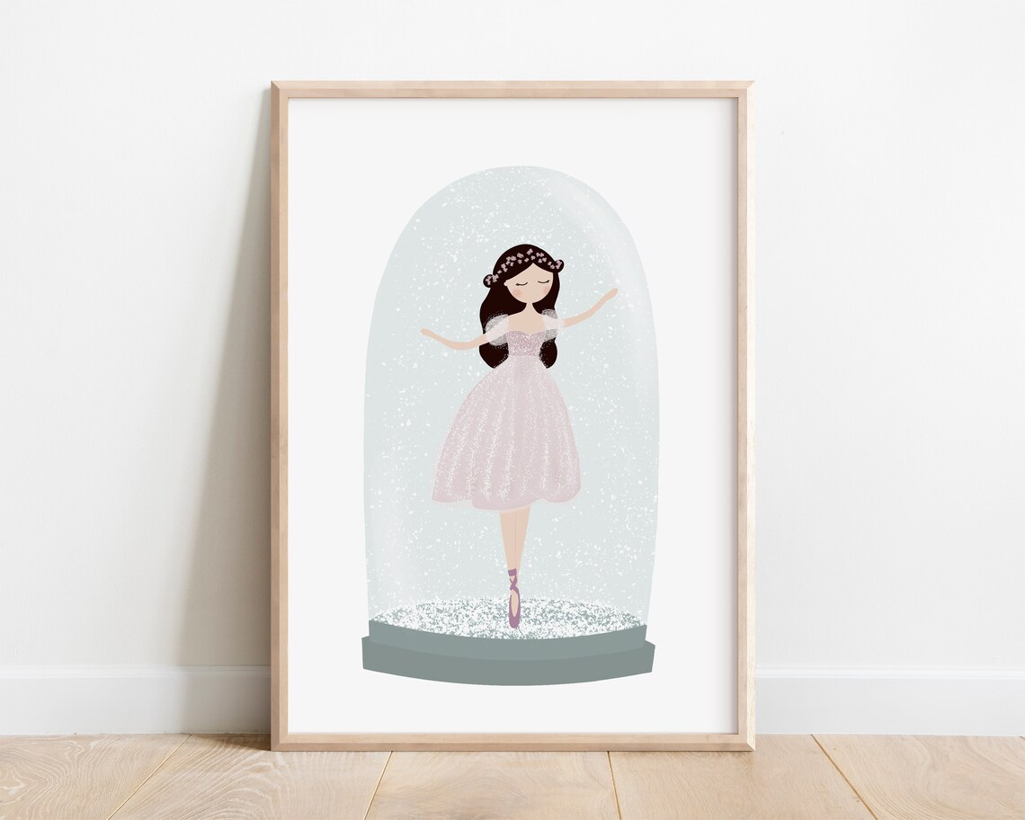 Ballerina Snow Globe Pink Tutu Dancer Sparkling Winter Illustration Print