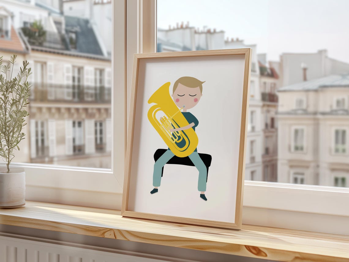Cute Tuba Player Boy Minimalist Kids Music Room Decor Art Print - Image 3