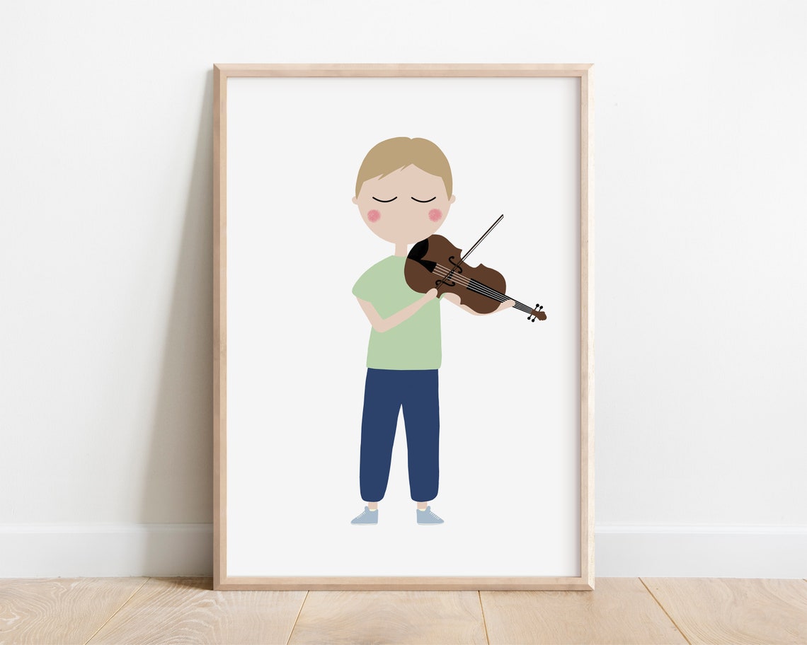Violin Player Boy Minimalist Kids Music Room Decor Art Print