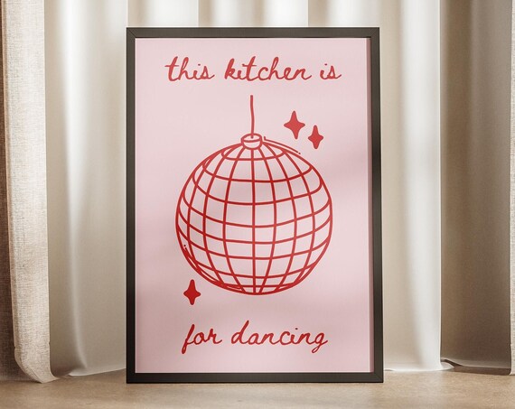 This Kitchen Is For Dancing Disco Ball Stars Doodle Poster Trendy Art Print Viral Mid Century Style Illustrated Food Decor Design Red Pink