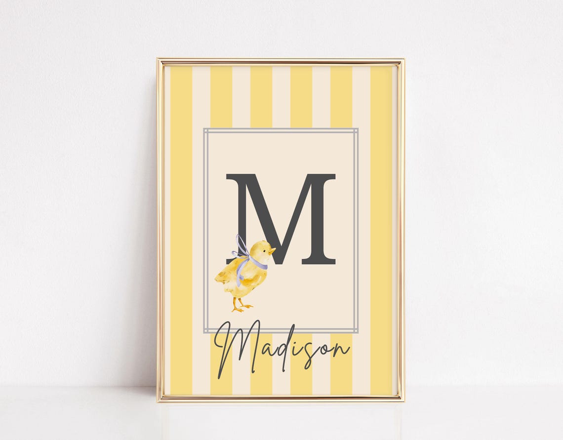 Yellow Striped Letter M Chick Madison Name Nursery Monogram Poster