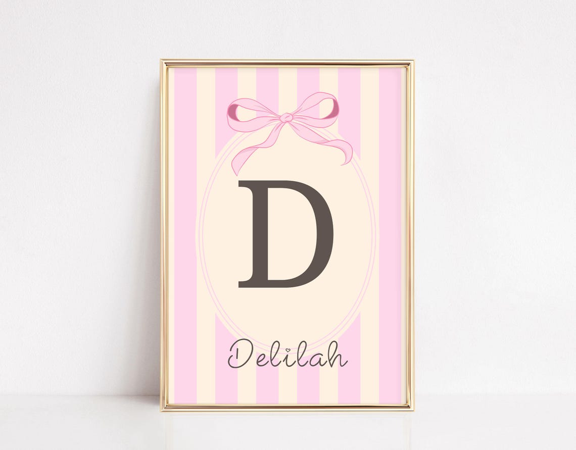 Personalized Pink Striped Initial D Delilah Name Nursery Print
