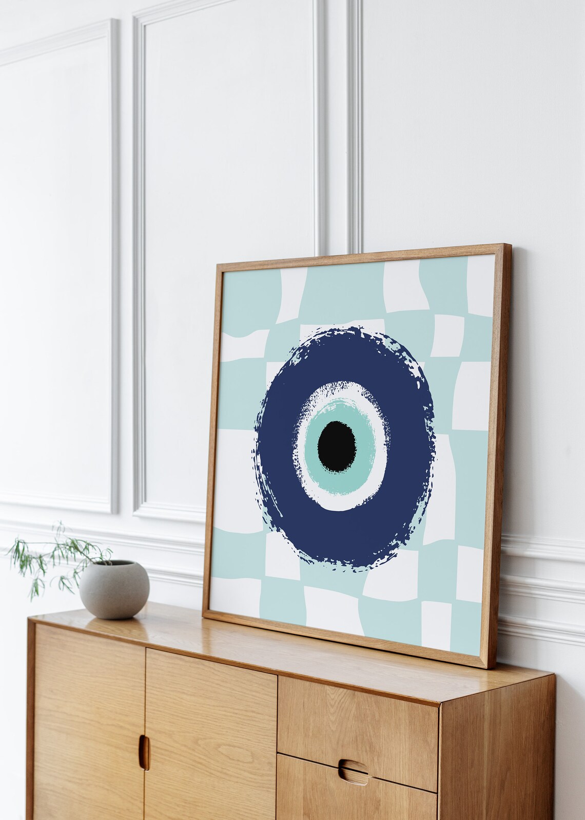 Nazar Evil Eye Blue Checkerboard Minimalist Bohemian Decor Poster