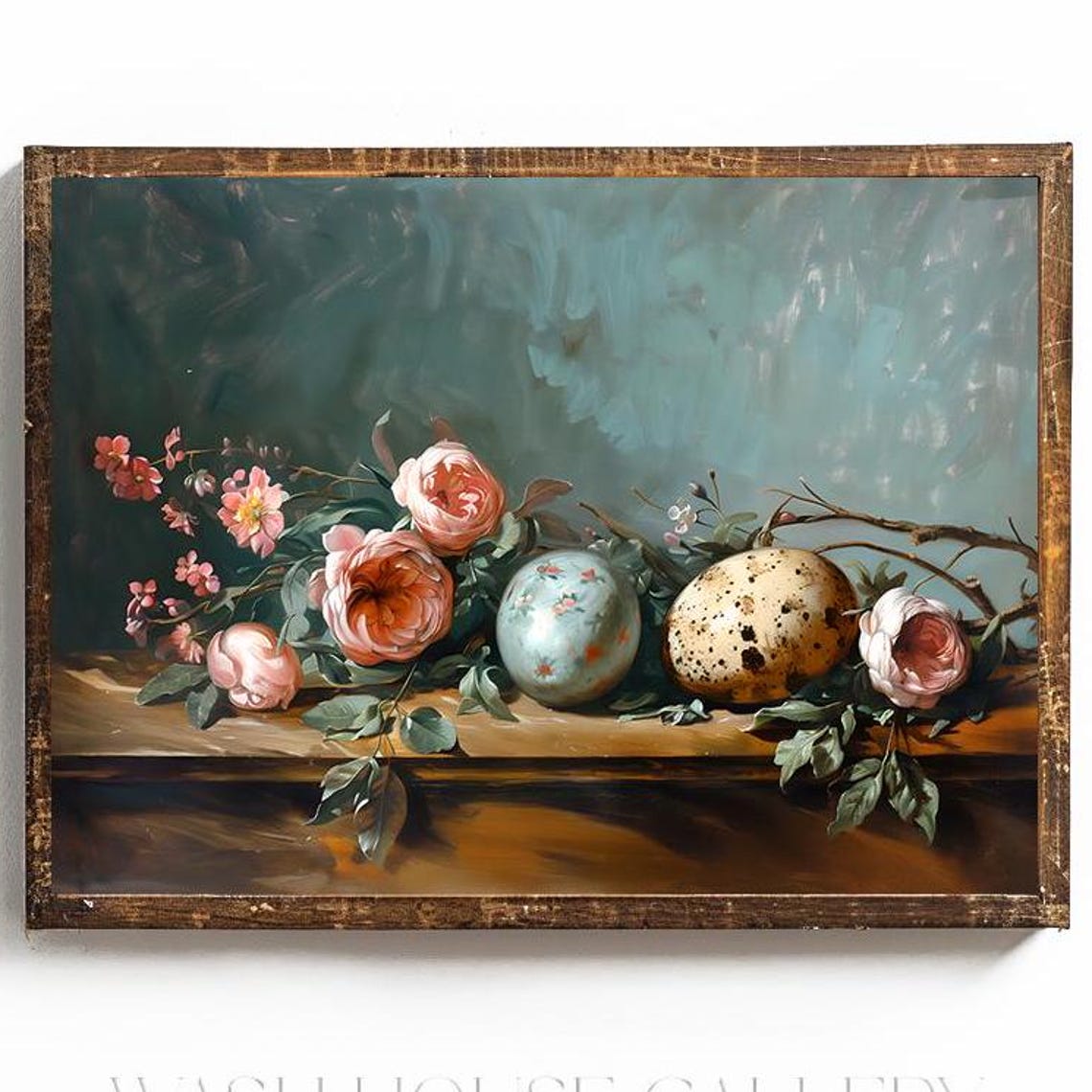 Painted Easter Eggs with Blush Roses on a Wooden Ledge Poster