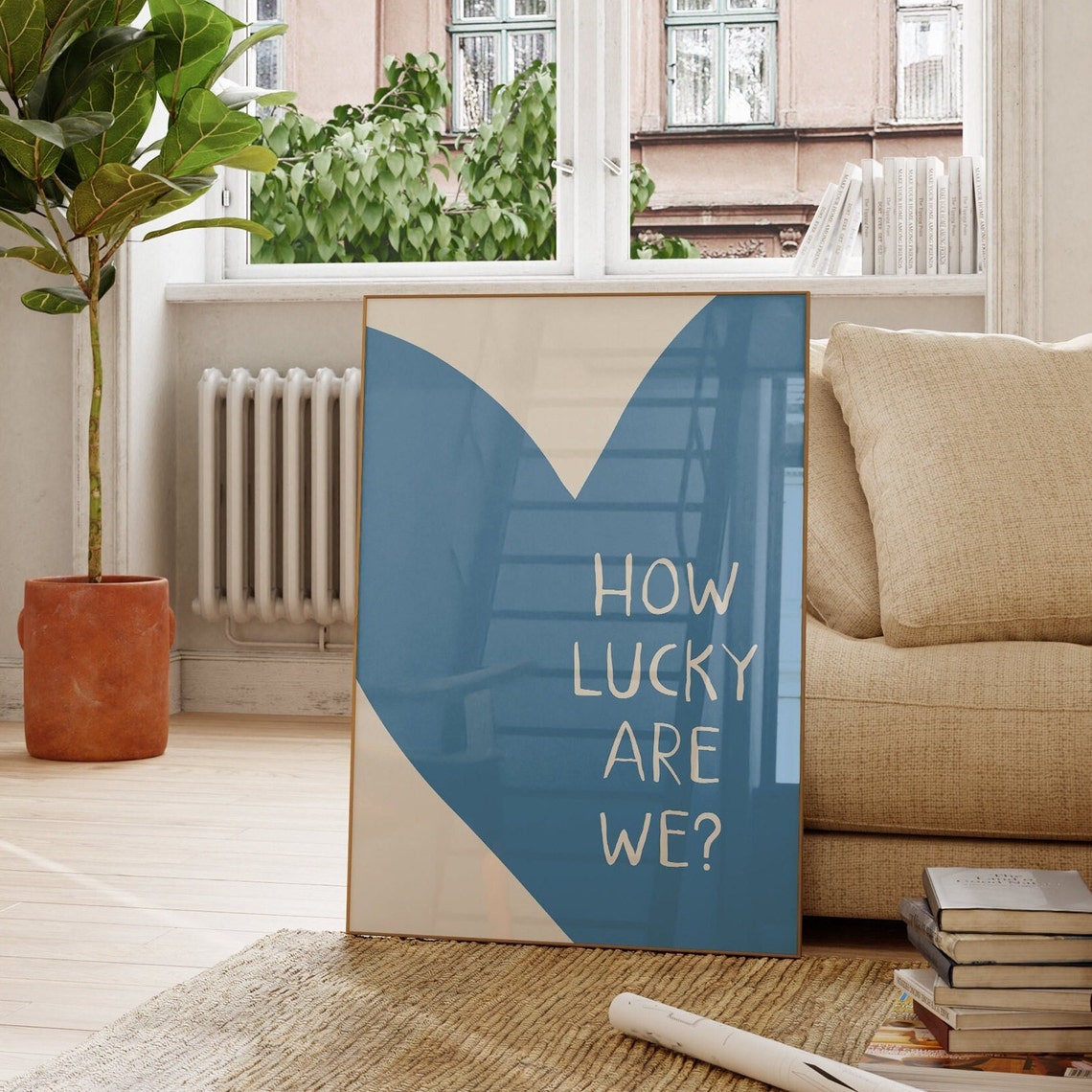 How Lucky Are We Blue Heart Minimal Handwritten Style Poster - Image 2