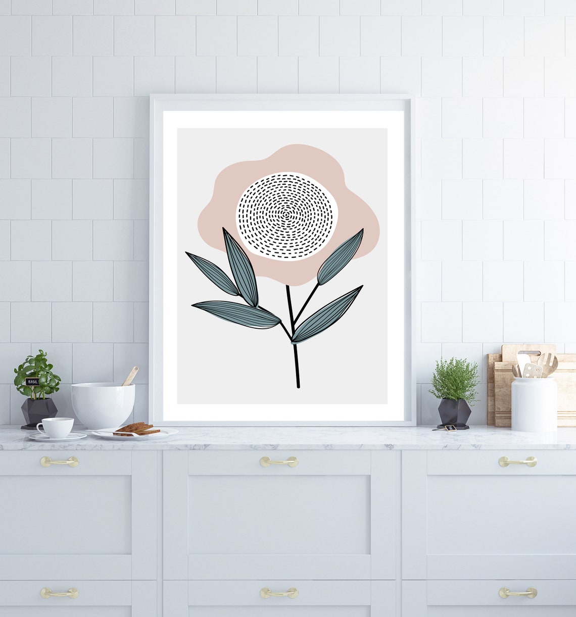 Boho Abstract Flower Blush Pink Teal Mid Century Modern Wall Art - Image 3