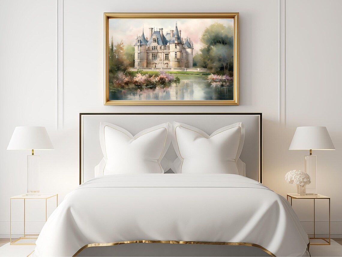 Vintage French Castle Painting, European Architecture - Image 2