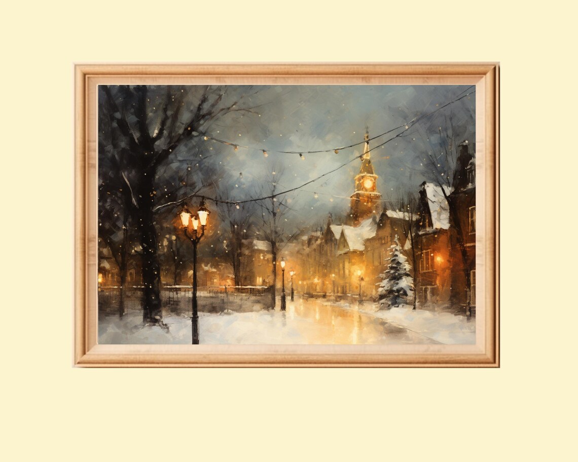 Christmas Town Vintage Winter City Painting