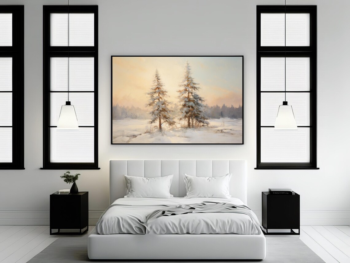 Vintage Winter Pine Trees Painting, Christmas Decor - Image 2