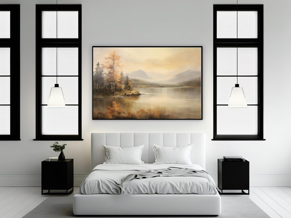 Vintage Autumn Landscape Painting, Lake Scene - Image 2