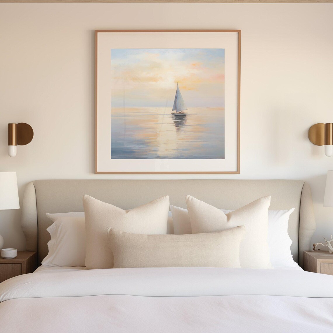 Sailboat Neutral Soft Coastal Landscape, Vintage