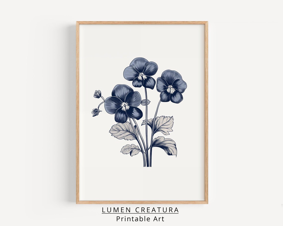 Vintage Flower Wall Art, Blue Floral Art Print