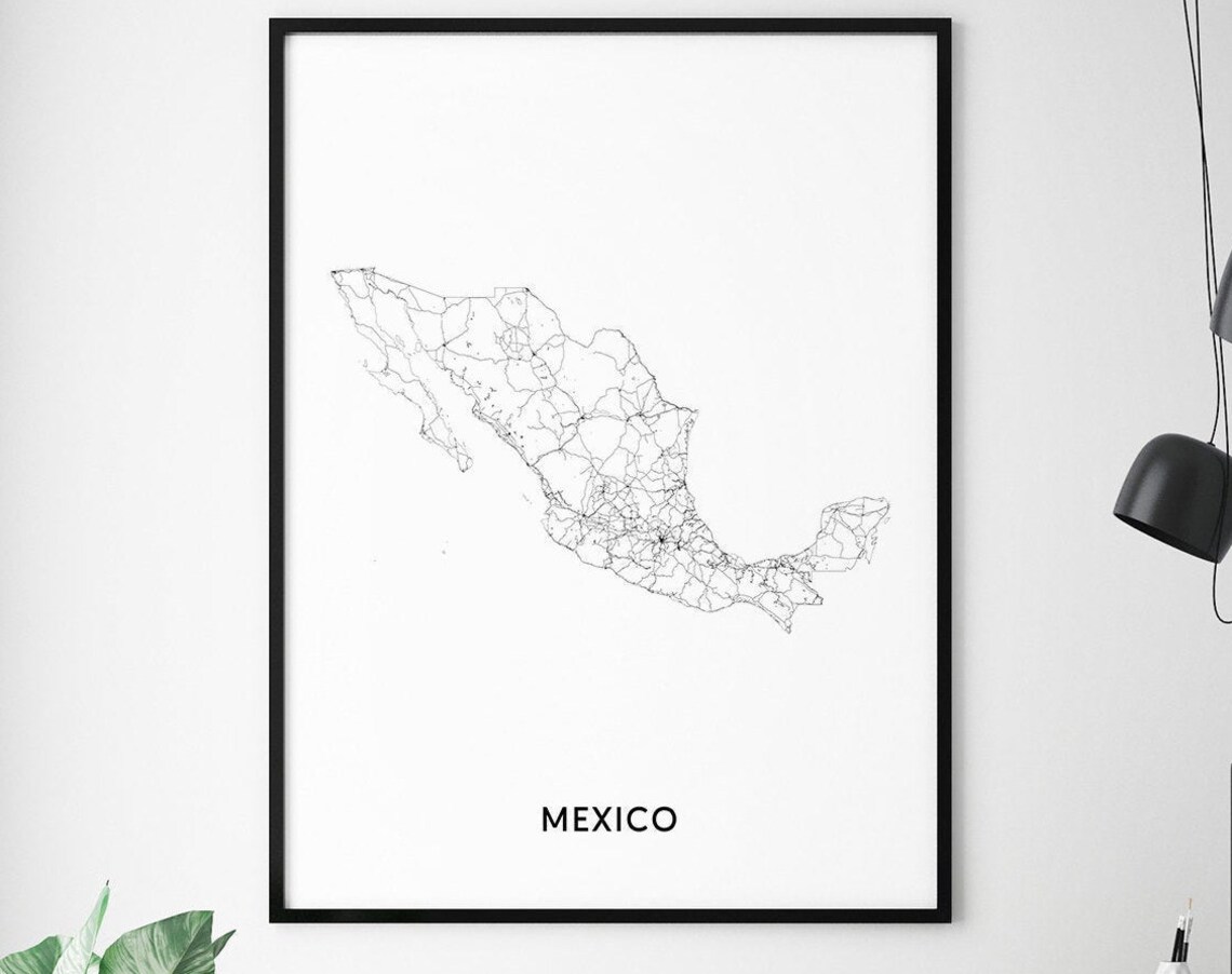 Mexico Map Print, Black White Modern Office Decor