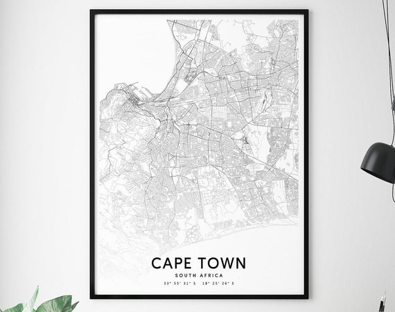 Cape Town Map Print South Africa Art Poster City Street Road Black White Modern Wall Office Decor