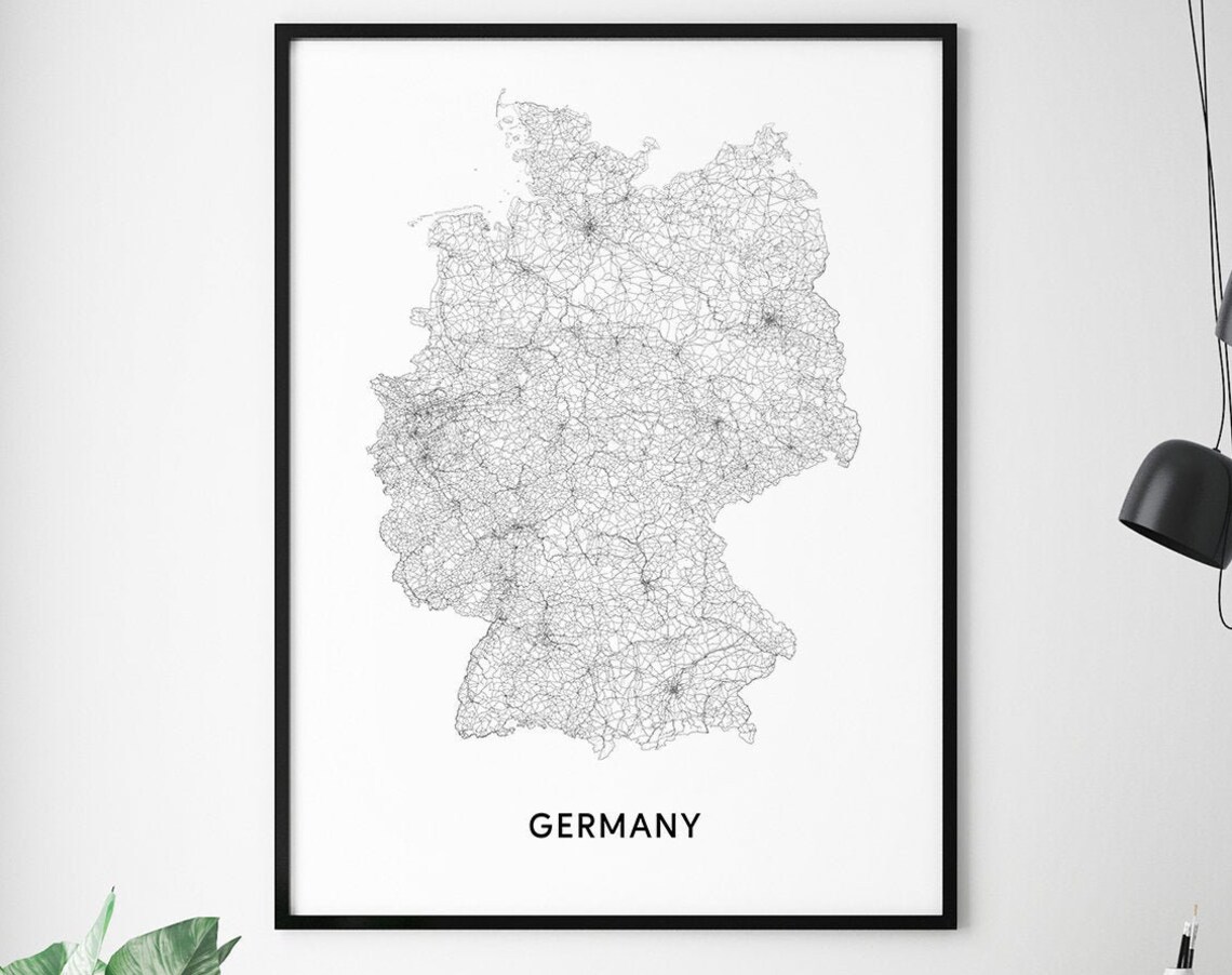 Germany Map Print, Black White Modern Poster