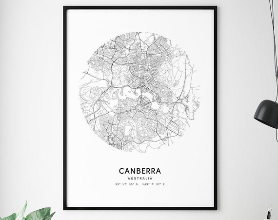Canberra Map Print Australia Art Poster City Street Road Black And White Modern Office Decor Wall