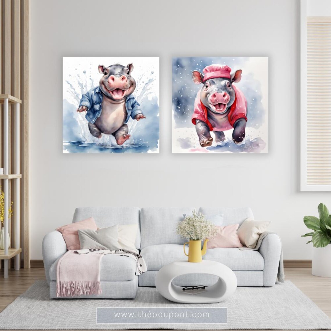 Baby Pygmy Hippo Wearing Denim Shirt Splashing Water Fun Poster - Image 2