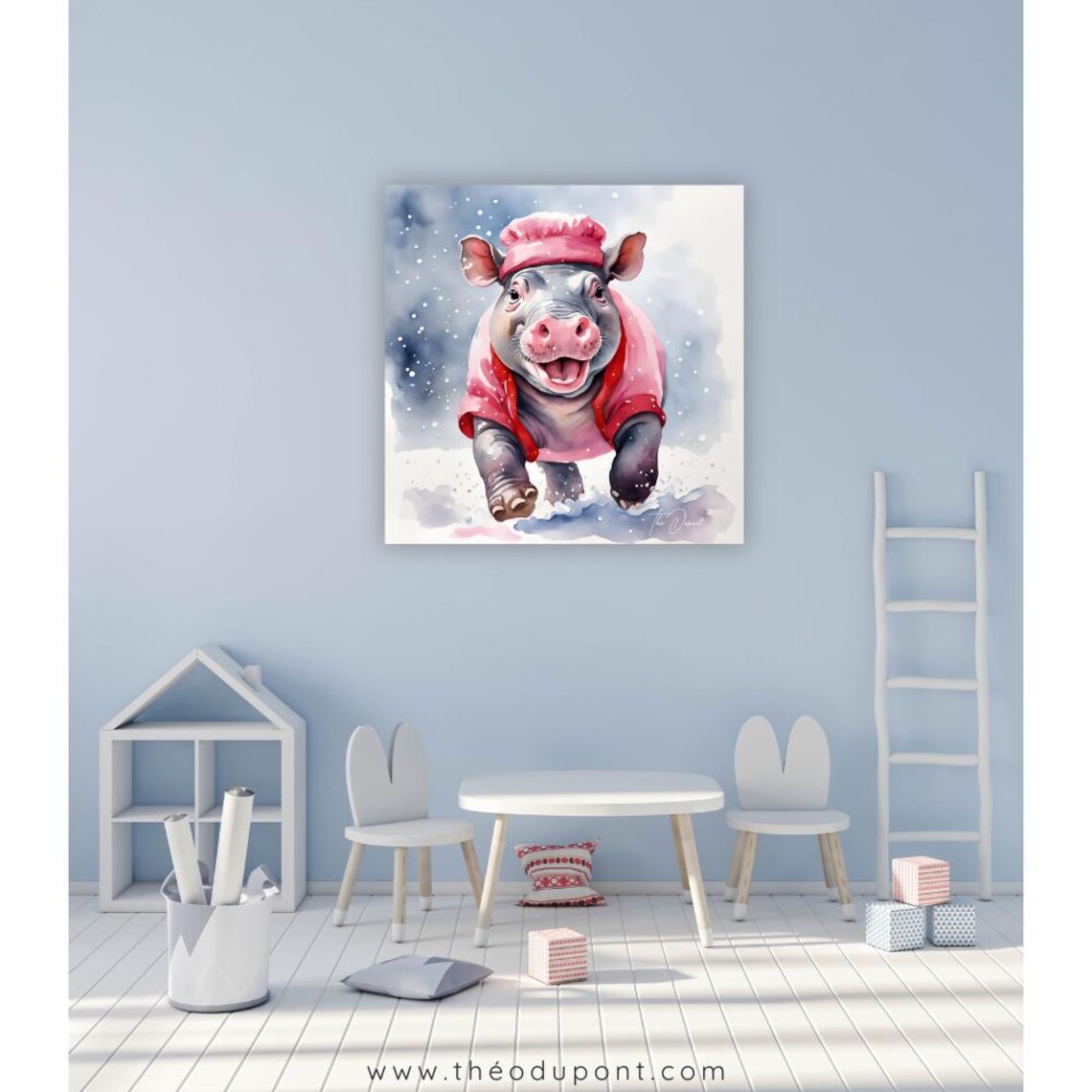 Baby Pygmy Hippo Red Winter Coat Snowy Day Cute Watercolor Poster - Image 2