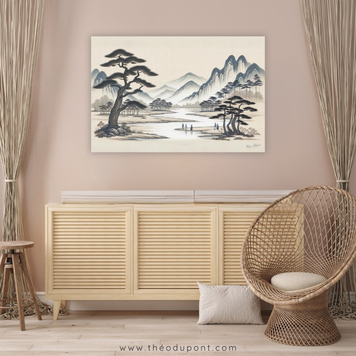 Korean Morning Mist Wide River Pines Sandbar Hushed Poetic Art Poster - Image 2