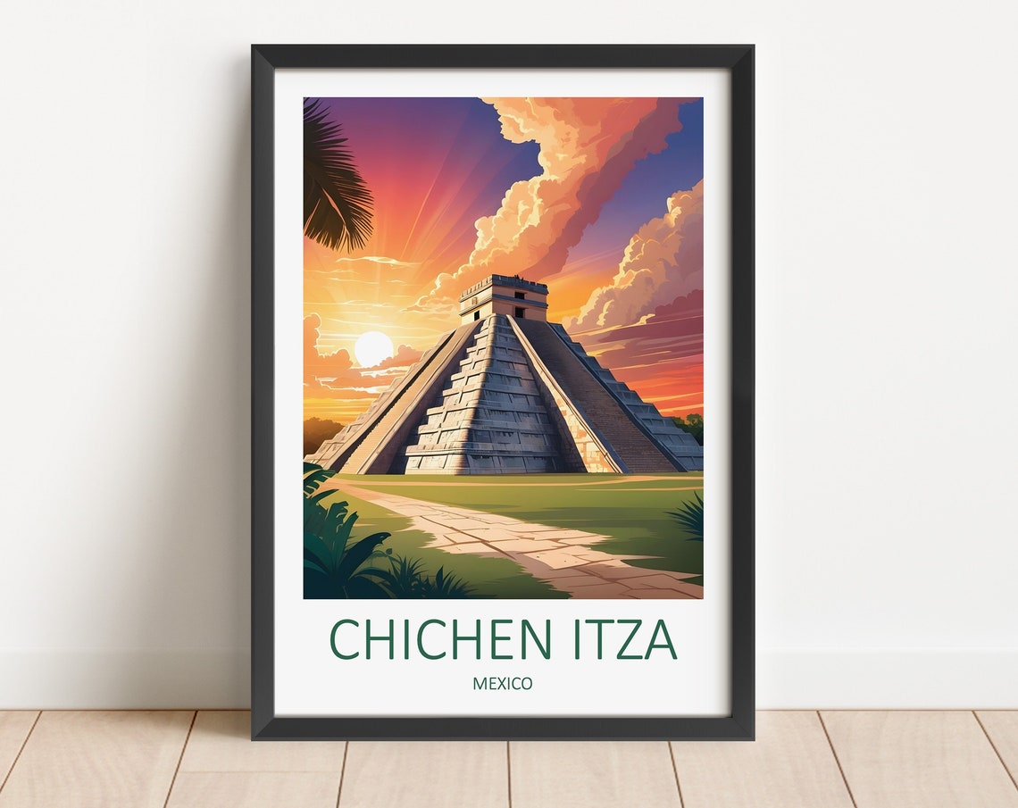 Chichen Itza Mexico Mayan Pyramid At Sunset Under Bright Sky Poster