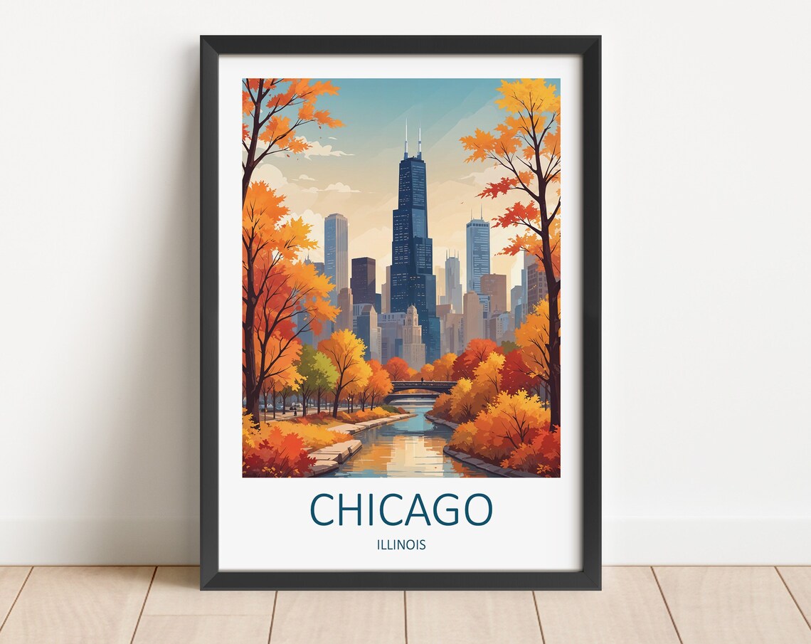 Chicago Illinois Skyline Golden Autumn Riverside Travel Poster