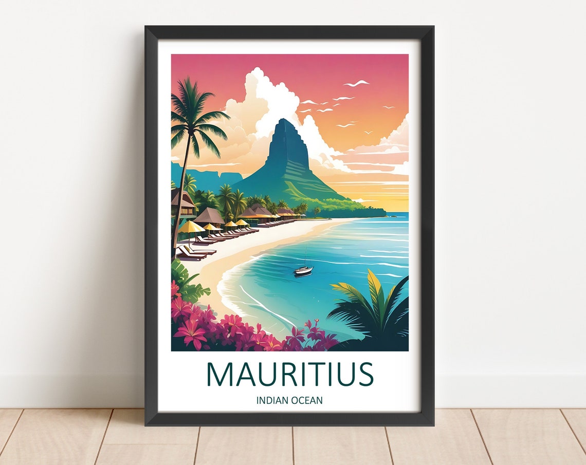 Mauritius Indian Ocean Tropical Beach Sunset Lagoon Travel Poster