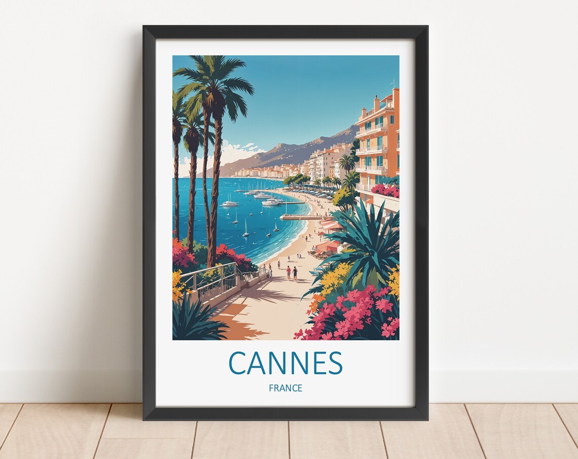 Cannes France Riviera Beach Promenade Palms Yachts Travel Poster
