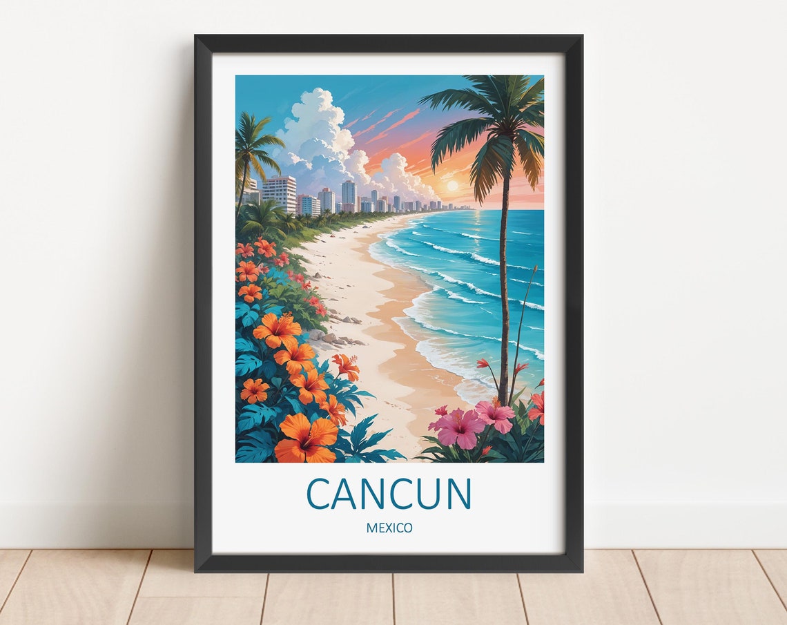 Cancun Mexico Tropical Beach Sunset Palm Paradise Shore Poster