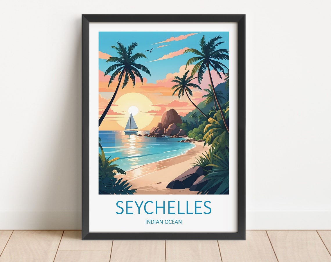 Seychelles Indian Ocean Sunset Beach Sailboat Palms View Poster
