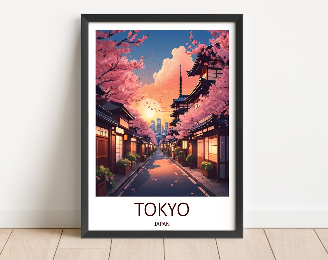 Tokyo Japan Cherry Blossom Street Temple Sunset Glow Art Poster