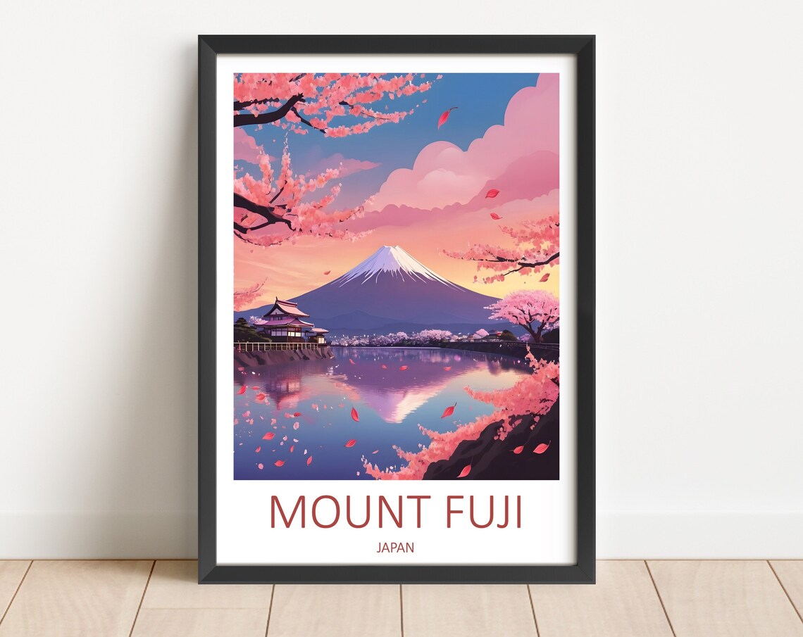 Mount Fuji Japan Cherry Blossom Pagoda Sunset Vintage Travel Poster