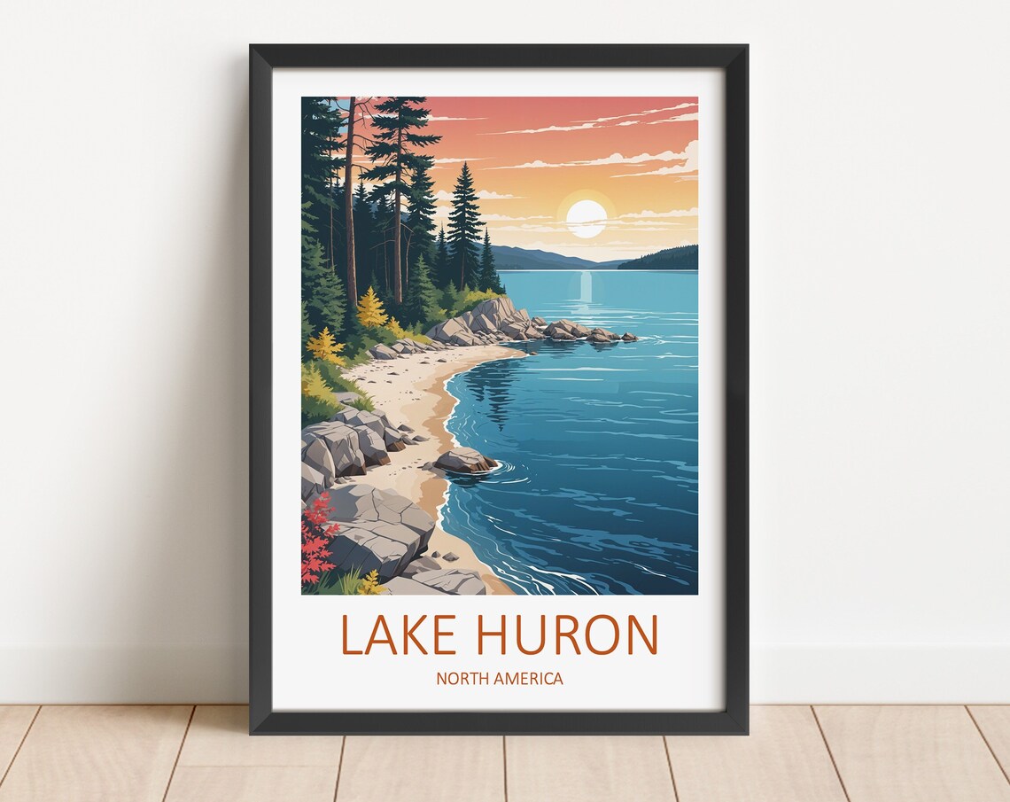 Lake Huron North America Rocky Shore Pine Sunset View Poster