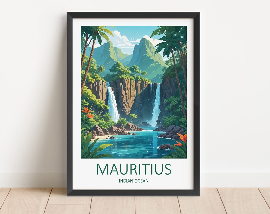 Mauritius Indian Ocean Waterfall Jungle Lagoon Travel Poster