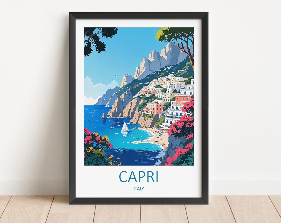 Capri Italy Cliffside Town With Sailboat and Bougainvillea Poster