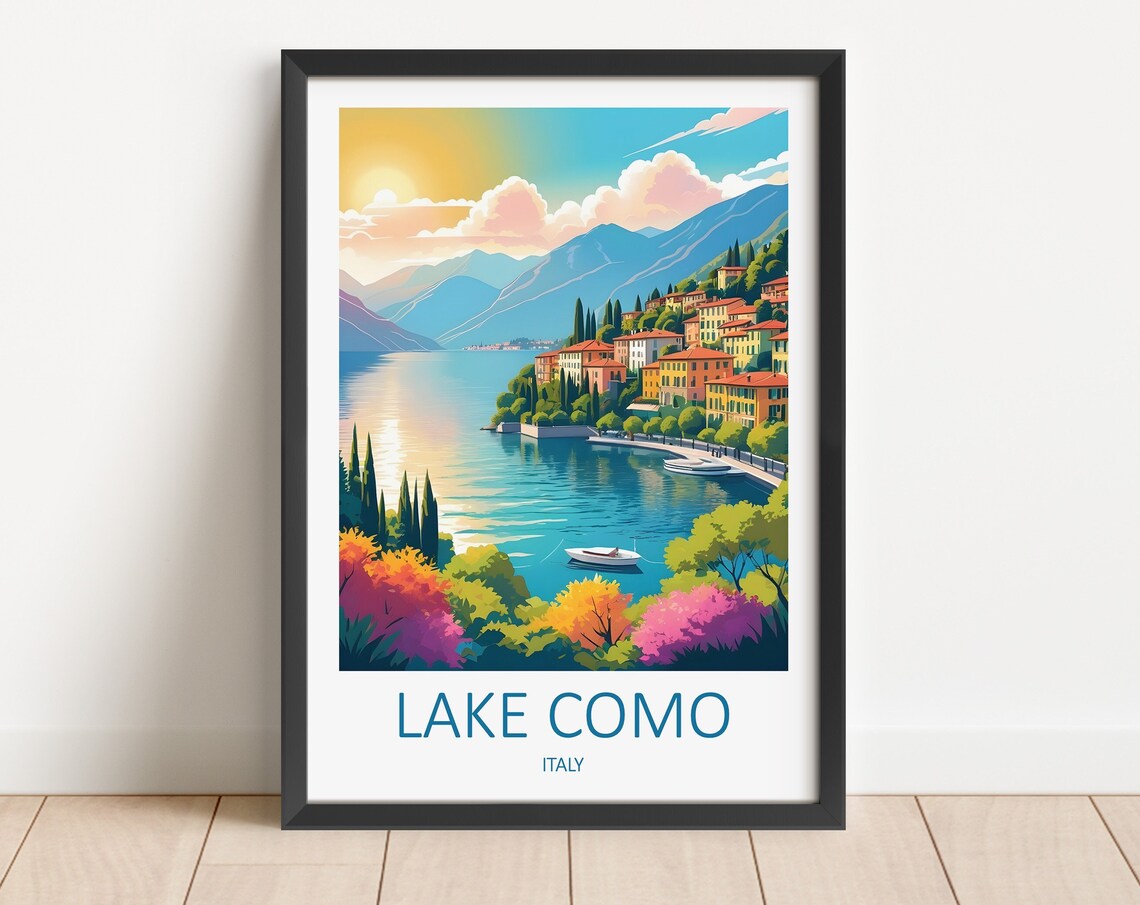 Sunset Over Lake Como Italy With Boats and Lakeside Village Poster