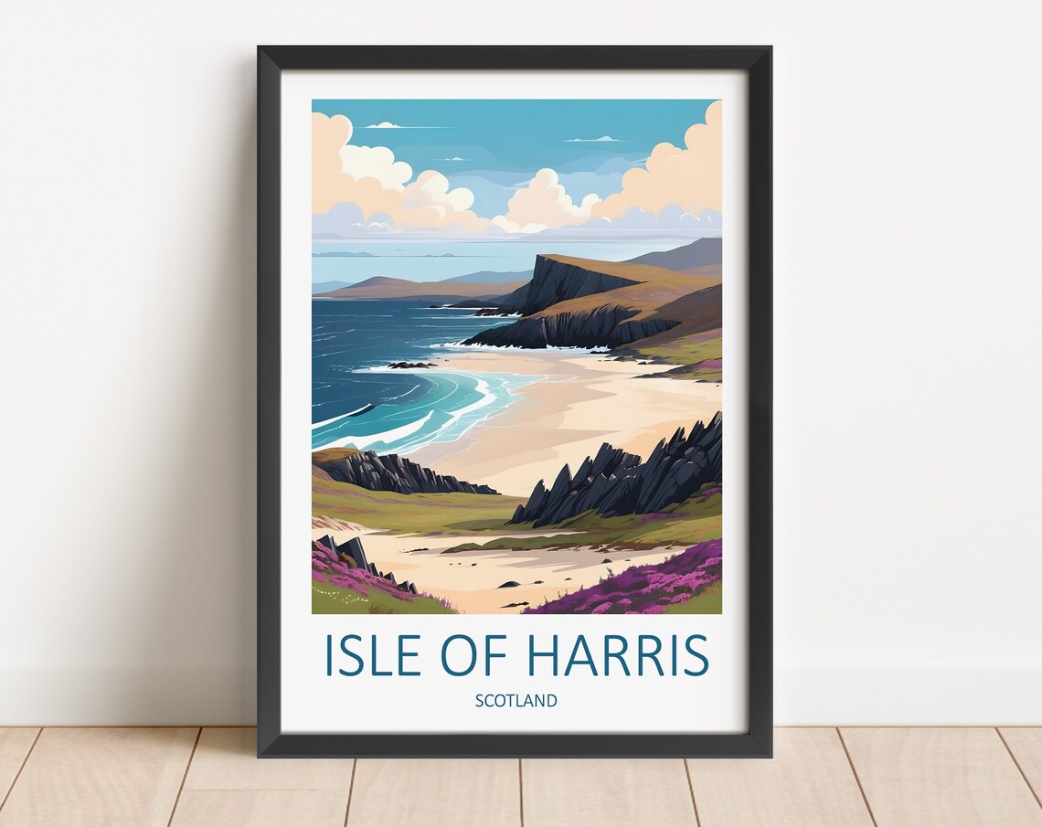 Isle Of Harris Scotland Wild Beach With Heather Covered Hills Poster