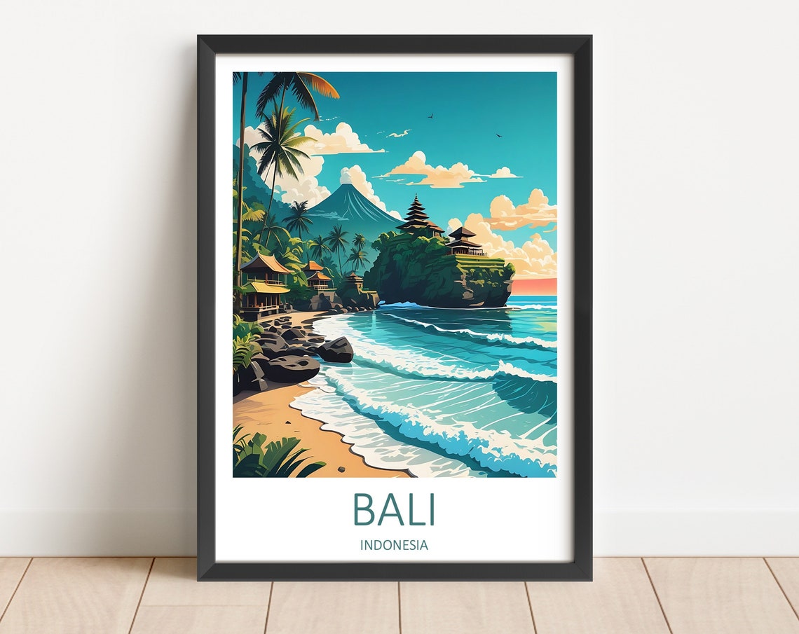 Bali Indonesia Beach Cliff Temple Volcano Waves Travel Poster