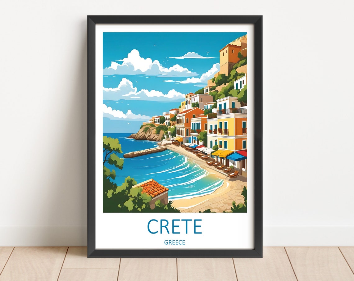 Crete Greece Charming Coastal Harbor Town With Sun Loungers Poster
