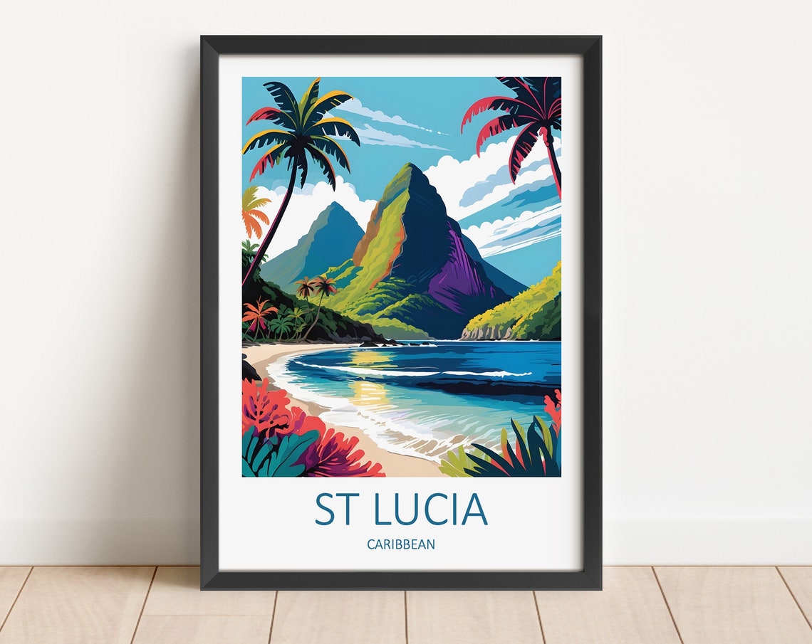 St Lucia Caribbean Twin Pitons Palms and Turquoise Beach Poster