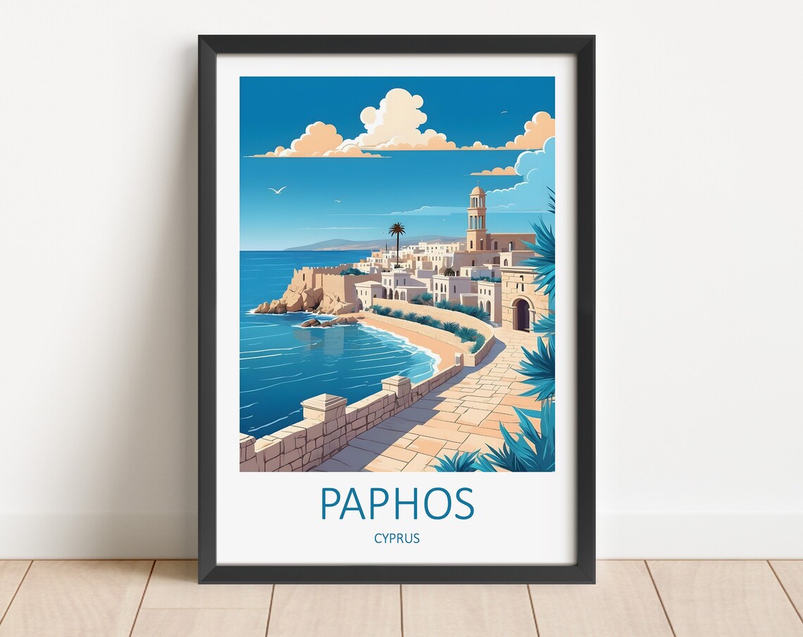 Paphos Cyprus Old Town Harbor Stone Promenade Vintage Travel Poster