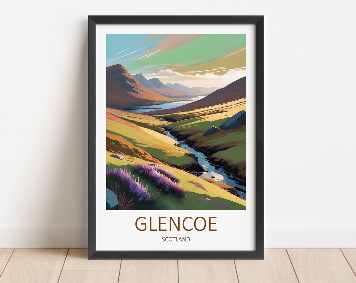 Glencoe Scotland Highland Glen Heather Stream Valley Travel Poster