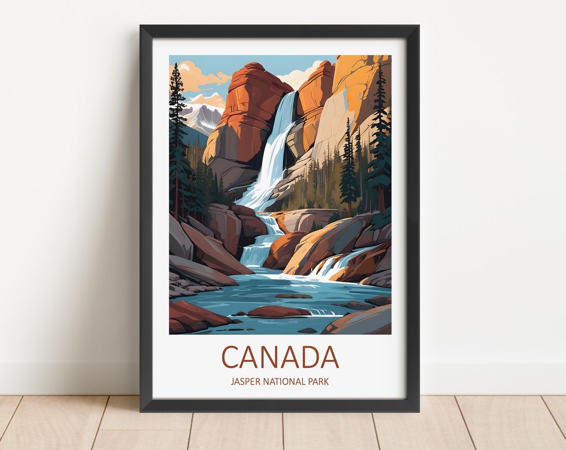 Jasper National Park Canada Waterfall Red Canyon Travel Poster