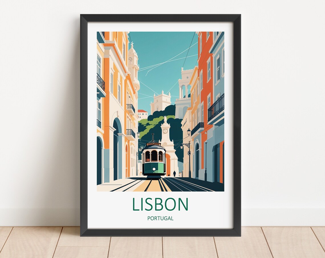 Lisbon Portugal Steep Street With Classic Yellow Tram Poster