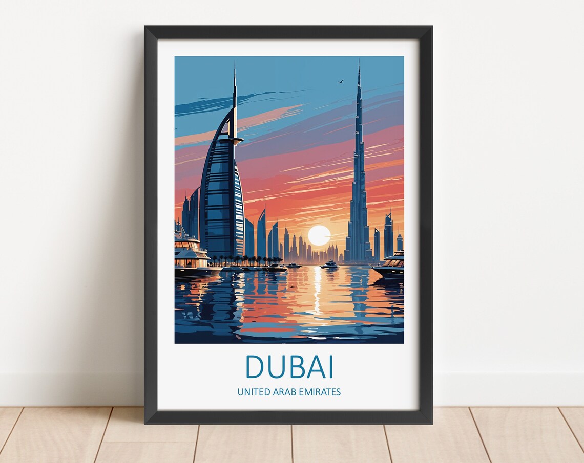 Dubai UAE Sunset Skyline Burj Khalifa Burj Al Arab Water Poster