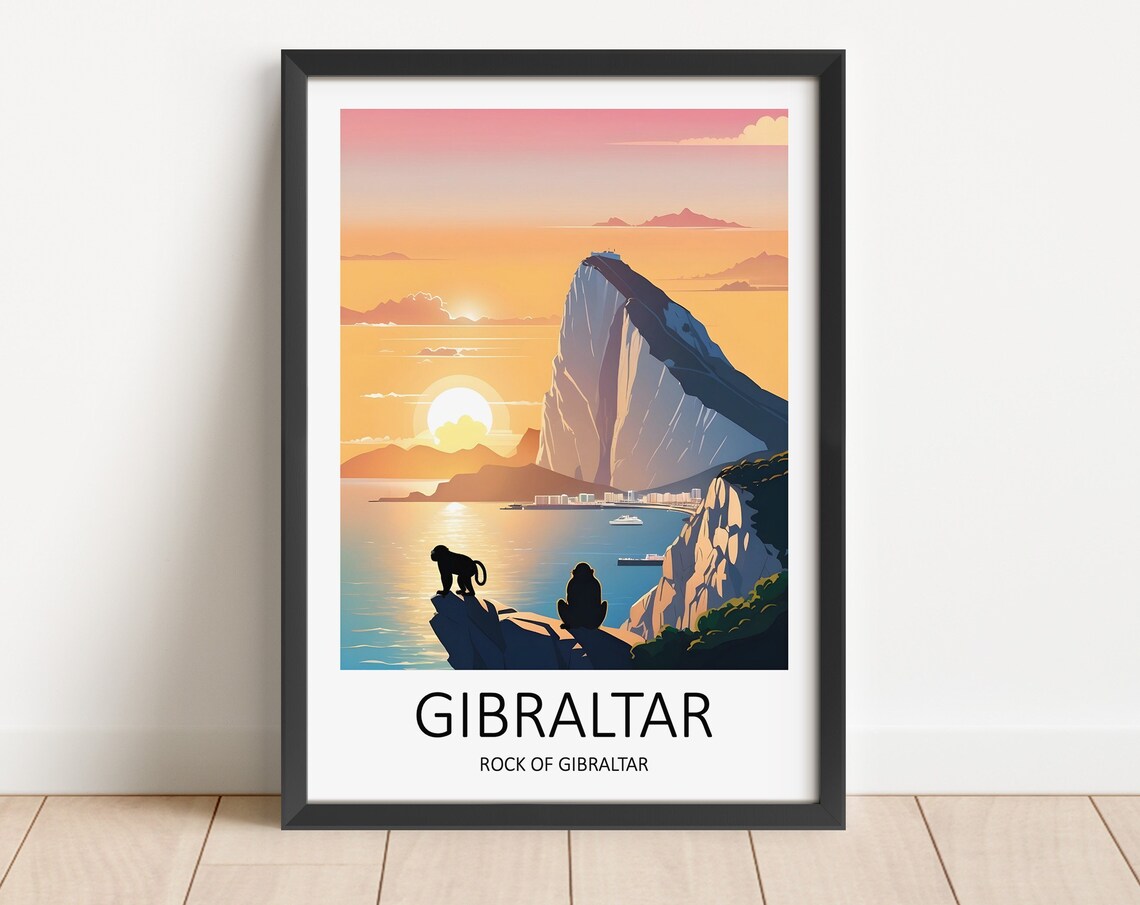 Gibraltar Rock of Gibraltar Sunset View Barbary Macaques Travel Poster