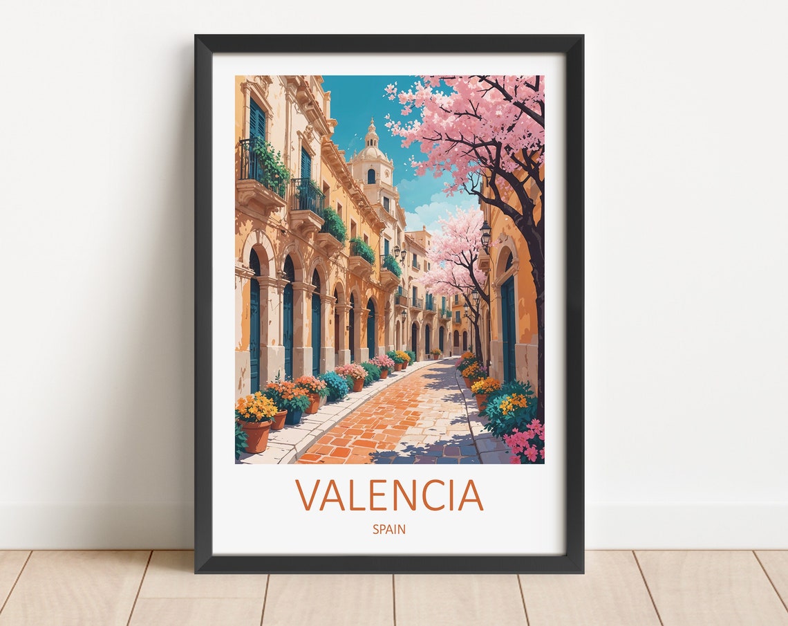 Valencia Spain Blossom Lined Historic Old Town Street in Spring Poster