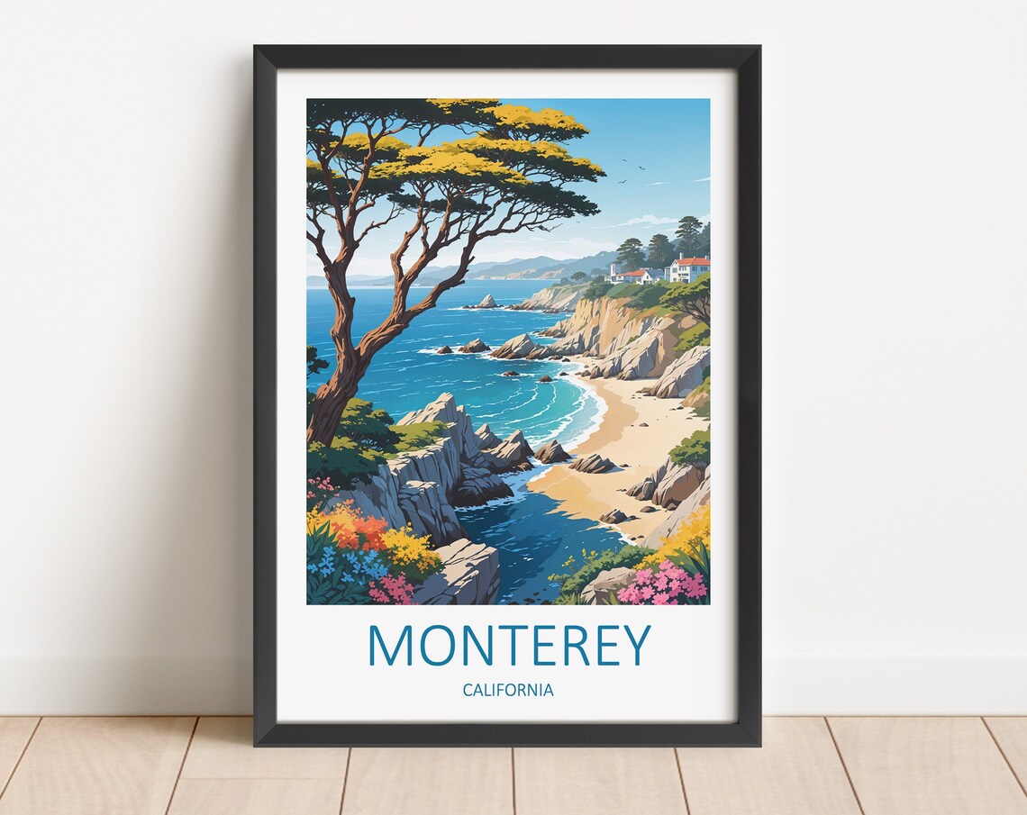 Monterey California Cypress Cove Flowered Beach Travel Poster