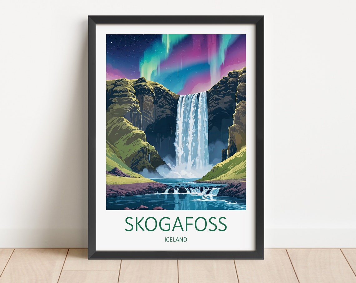 Skogafoss Iceland Waterfall Under Northern Lights Night Poster