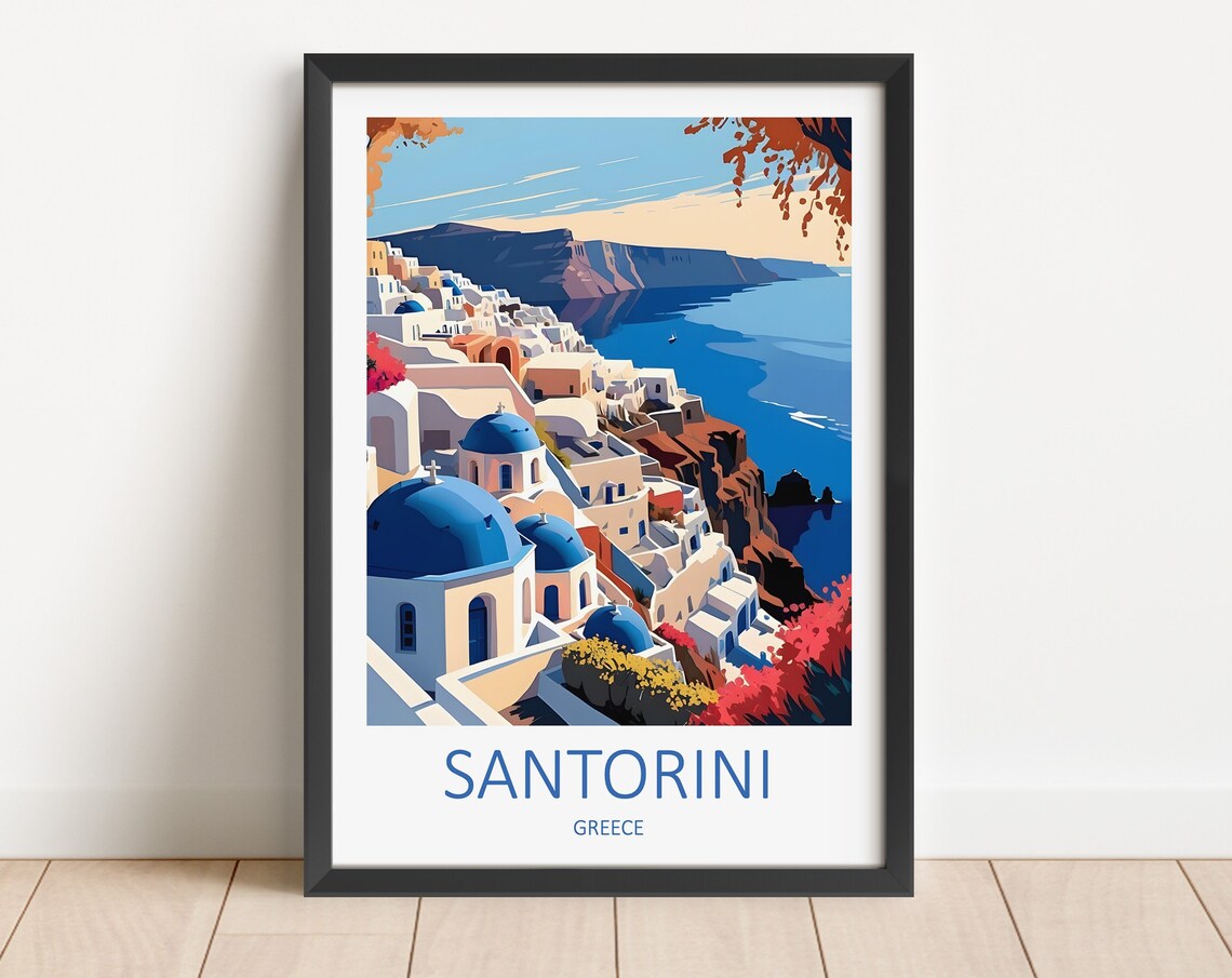 Santorini Greece Blue Domed Churches Over Caldera And Sea View Poster